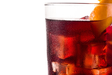 Boulevardier cocktail and orange zest isolated on white background