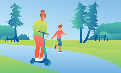 Mom and son ride against the background of trees and a park. A woman on an electric scooter is rollerblading with a child. The concept of an active lifestyle.