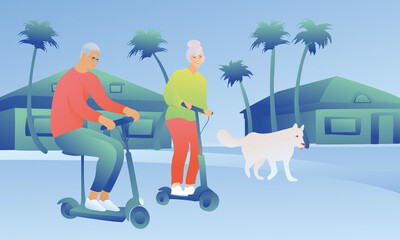 Elderly husband, wife and dog ride electric scooters. People in the background of the street and houses lead an active lifestyle.