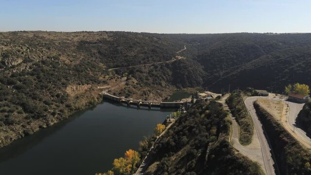 Reservoir Dam in  Arribes do Douro, Portugal. Aerial Drone Footage