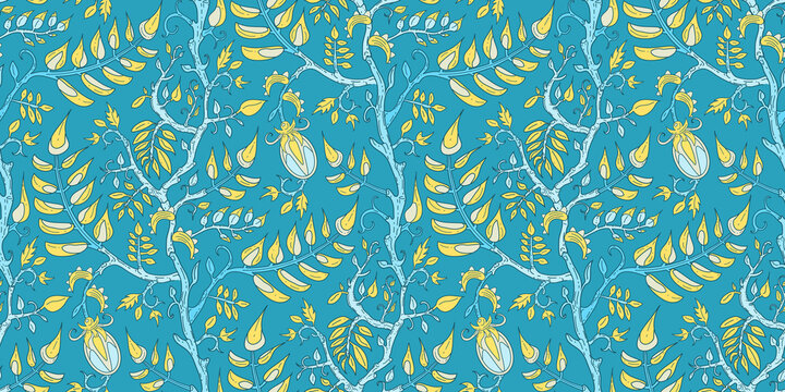 Seamless floral vector pattern with clusters of indian festival flower, leaves, branches inflorescences on turquoise background. Modern art nouveau branches tiles with oriental motif