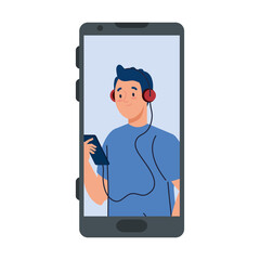 young man in smartphone device, on white background