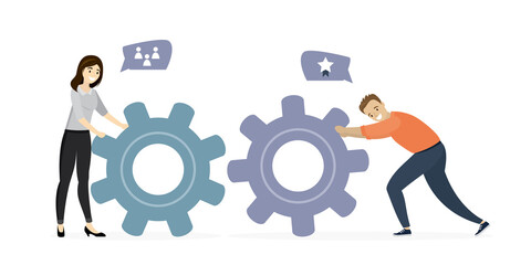 Cartoon office clerks or employees push gears. Business teamwork concept. Colleagues work together.