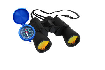 Classic round travel compass and classic travel binoculars isolated on white background as symbol...