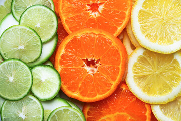 Group of shape  slices fruits background lime, orange and lemon freshness fruit and different color on frame