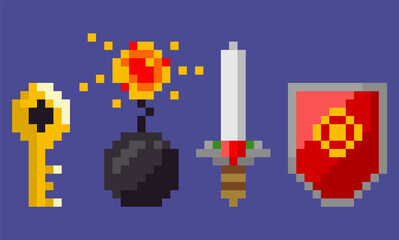 Pixel game icons vector, isolated set of golden key unlocking doors, sword with razor and handle, shield and bomb with fire made from explosion flat style