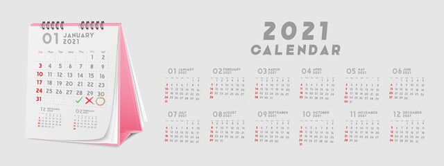 2021 Desk Calendar template. Vector illustration.