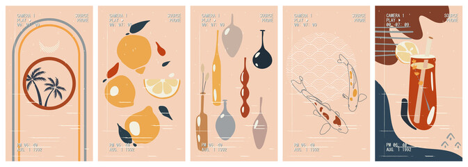 Set of abstract vintage hand drawn abstract backgrounds for social media, app design, web, stories. Modern minimalist illustrations with glitch vhs effect and different shapes, lines, japanese wave.