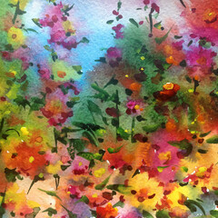 Watercolor colorful bright textured abstract background handmade . Mediterranean landscape . Painting of meadow flower , made in the technique of watercolors from nature