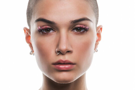 Modern Beauty Portrait. Young Woman With Shaved Head