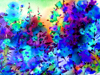 Watercolor colorful bright textured abstract background handmade . Mediterranean landscape . Painting of meadow flower , made in the technique of watercolors from nature