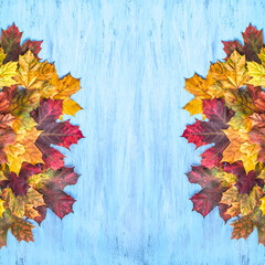 Naklejka na ściany i meble Autumn creative composition. Dried leaves on blue ackground. Fall concept. Autumn background. Flat lay, top view, copy space