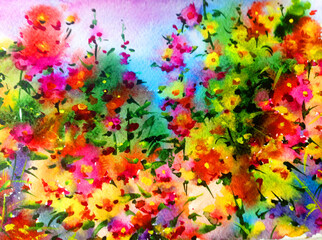 Obraz na płótnie Canvas Watercolor colorful bright textured abstract background handmade . Mediterranean landscape . Painting of meadow flower , made in the technique of watercolors from nature