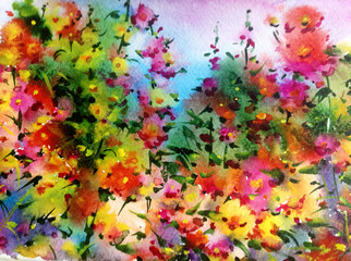 Obraz na płótnie Canvas Watercolor colorful bright textured abstract background handmade . Mediterranean landscape . Painting of meadow flower , made in the technique of watercolors from nature