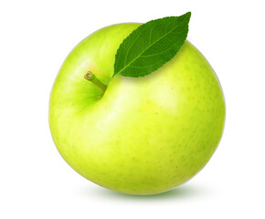 fresh green apple with leaf isolated on white background