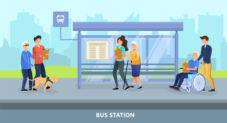 Young people helping erderly at the bus stop. Blind man with guide dog, old woman with a cane, elderly man in a wheelchair. Social helping concept. Vector illustration.