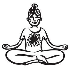 girl doing yoga sitting in lotus position. Hand drawn vector illustrations isolated on white background.
