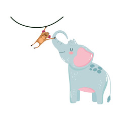 cute animals elephant and hanging monkey cartoon isolated icon design white background