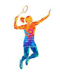 Abstract young woman badminton player jumping with a racket from splash of watercolors. Vector illustration of paints - obrazy, fototapety, plakaty