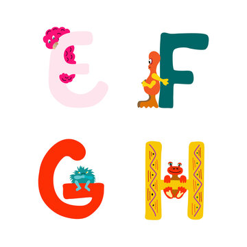 Vector illustration of capital letters of the latin alphabet. Baby monsters characters. Cartoon aliens are drawn by hands. Isolated elements on a white background for a children's room, clothes.