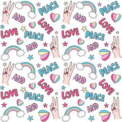 Cute seamless colorful vector pattern background illustration with peace and love lettering textand symbols: hearts, rainbows, female hands and stars