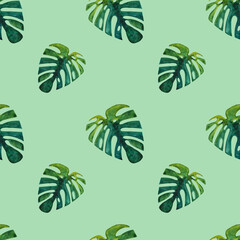 Fototapeta na wymiar Watercolor hand drawn seamless tropical pattern with monstera leaf. Endless texture for design on green background
