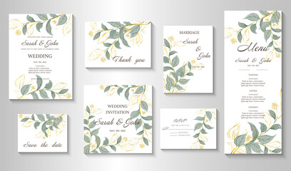 Wedding invitation with leaves, watercolor, isolated on white. Vector Watercolor.