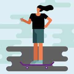 young woman in skateboard practicing activity character