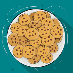 Illustration of chocolate chip cookies. Flat cartoon cookie design for background, menu, invitations, breakfast, poster. Hand drawing design, kid friendly.