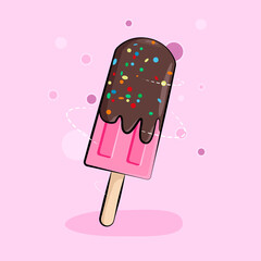 Illustration of strawberry ice popsicle covered in chocolate and sprinkles. Concept for ice cream shops, restaurants, menu, parties, invitations and backgrounds.