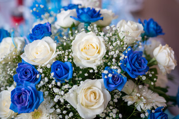 bouquet of blue and pink roses