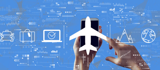 Flight ticket booking concept with person holding a white smartphone