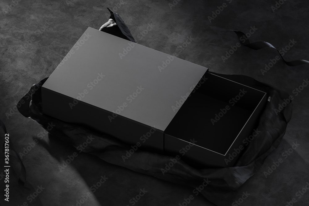 Poster black ajar cardboard realistic box on wrapping paper and concrete floor background. mock up. 3d rend