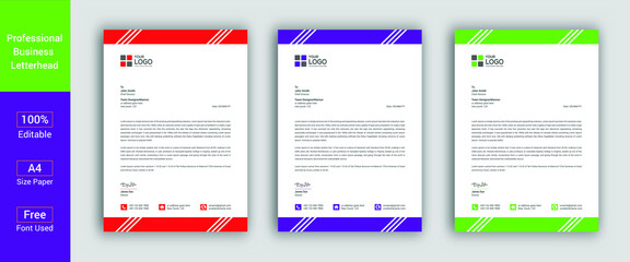 Professional Letterhead Template in flat style, red, blue, green color letterhead set or bundle Letterhead Design Template