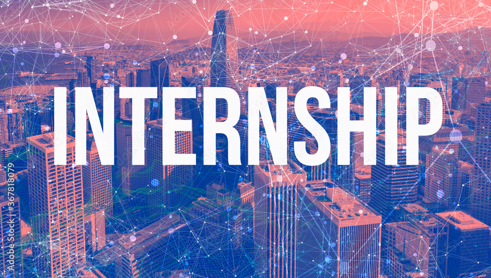 Poster internship theme with abstract network patterns and downtown san francisco skyscrapers