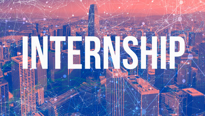Internship theme with abstract network patterns and downtown San Francisco skyscrapers