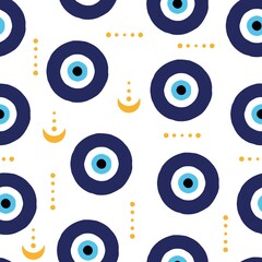 Evil eyes seamless pattern. Abstract hand drawn greek eye talismans, doodle shapes cartoon style. Trendy vector illustration