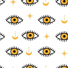 Evil eyes seamless pattern. Hand drawn abstract eye talismans, doodle shapes cartoon greek style. Trendy vector illustration
