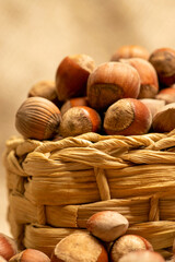 Hazelnuts in a wicker basket and hazelnuts scattered on a background of homespun fabric with a rough texture. Close up.