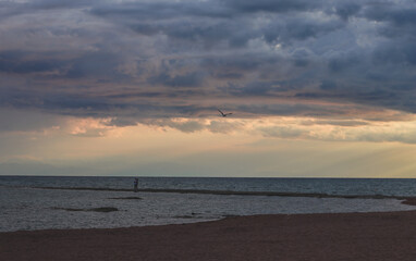 sunrise on the beach. beautiful summer scenery. rocks on the sand. calm waves on the water. clouds on the sky. wide panoramic view