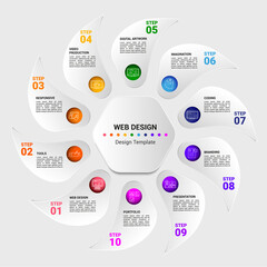 Infographic Web Design template. Icons in different colors. Include Web Design, Tools, Responsive, Video Production and others.