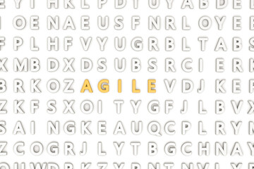 3d rendering of random letters and different words on a white wall. "AGILE" text is shining on the wall.