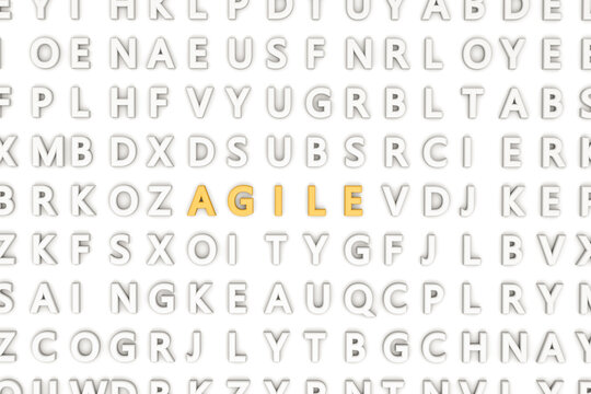 3d rendering of random letters and different words on a white wall. "AGILE" text is shining on the wall.