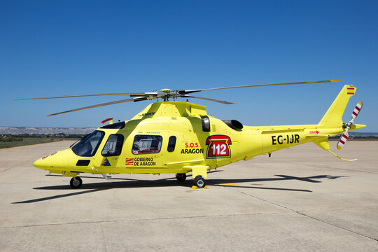 ZARAGOZA, SPAIN - MAY 20,2016: Inaer Agusta A109 Power resque helicopter on the tarmac of Zaragoza airbase.