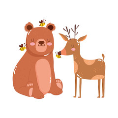 cute animals bear with bees and reindeer nature wild cartoon