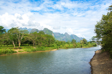 Fototapeta premium Beautiful landscapes at the Song river at Vang Vieng, Laos