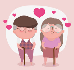 happy grandparents day, cute old couple with walk sticks cartoon