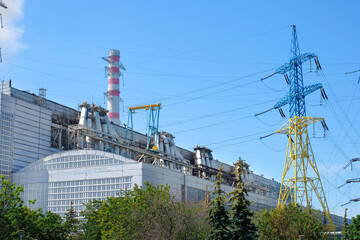 Thermal electric close-up. High voltage power lines.