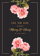 Water color pink Peony flower on top and bottom wedding card design. 