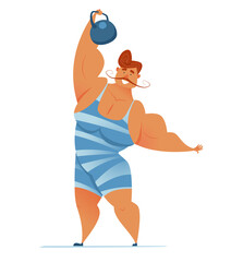 Strongman in a striped suit with a kettlebell in his hand. Circus performance. Vector illustration of a smiling healthy athlete showing a trick.